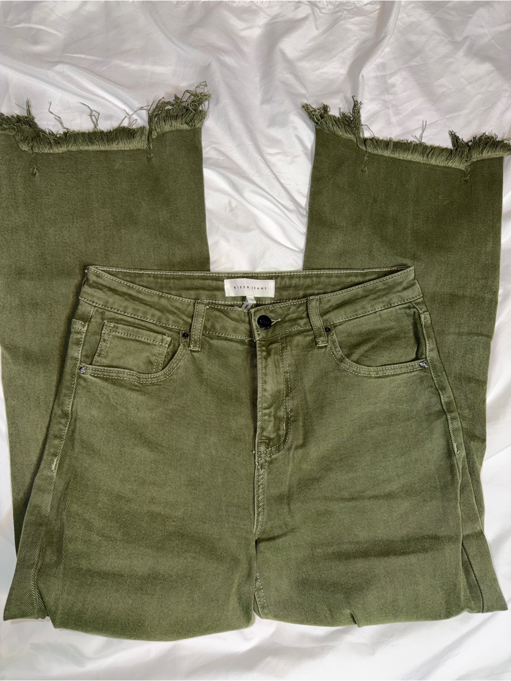 Risen Olive Green Wide-Leg Distressed Jeans with Frayed Hem - Picture 2 of 6